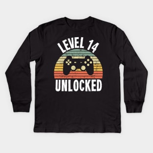 Level 14 Unlocked T-Shirt - 14th Birthday Gamer Gift - Fourteenth Anniversary Gift Kids Long Sleeve T-Shirt